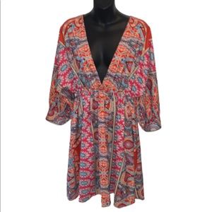 SHEIN orange multi colored deep v-neck long sleeve dress EUC size XL